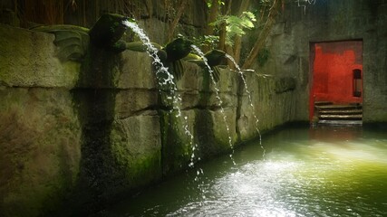 A beautiful fountain in a mysterious cave in a topical jungle. Water streams coming out of statues of turtles into a green pool in atmospheric yard of an old castle. Slow motion.