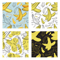 Fototapeta na wymiar Yellow banana hand drawn seamless pattern set with black outlines on white, blue and black background for textile, print, background, highlights. Vector illustration