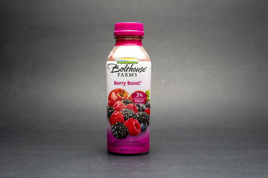Fort Myers, Florida - USA -7-31-21: bottle of Bolthouse Farms Berry Boost. Isolated on black background. Bolthouse Farms is a vertically integrated farm company founded in 1915