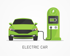 Electric car charging technology. save ecology and energy car. isolated on white background. vector illustration in flat style modern design. front view.