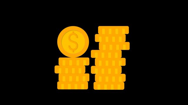 Animated icon of coins falling down, a stack of coins flat, coins pile, money, one golden coin standing on stacked gold coins modern design isolated on background.