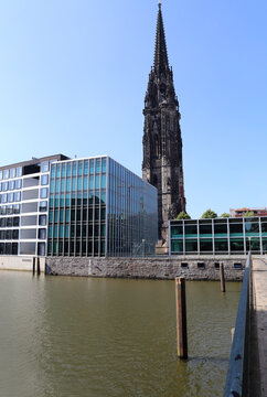 The tower of the St. Nicholas, or Nikolaikirche church in Hamburg, Germany