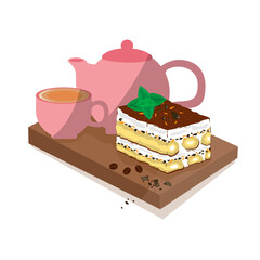 piece of tiramisu with teapot and glass on cutting board. Italian dessert made of savoyardi and mascarpone cookies. Isolated