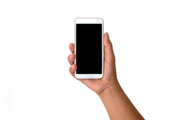 The hand is holding the white screen, the mobile phone is isolated on a white background