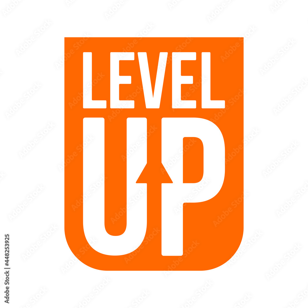 Poster level up orange logotype. typography logo design. creative negative space logo. flat and minimal log