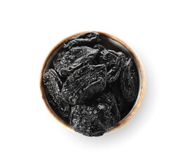 Bowl with tasty prunes on white background