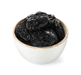 Bowl with tasty prunes on white background