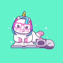 Cute kawaii unicorn reading book with sleeping cat cartoon illustration