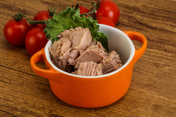 Canned tuna fillet in the bowl