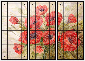 Stained glass red poppies on a beige background. Triptych in three black frames. Vector graphics