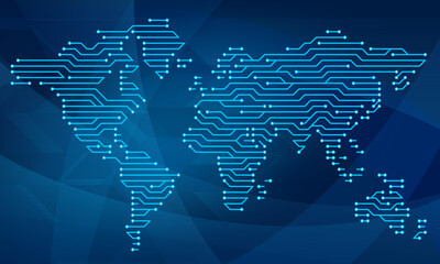 The world map in the form of a microcircuit. Electronic lines on a blue background. Vector graphics