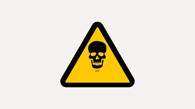 2D Animated skull and bones danger sign warning black and yellow signs in triangle shape. A biological hazard vector symbol isolated on white background.