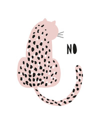 Cute Hand Drawn Vector Illustration with Pink Cat on a White Background. Nursery Art with Funny Kitty ideal for Card, Invitation, Poster, Wall Art.