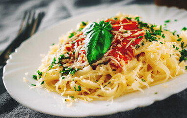 Linguine pasta with fresh tomato sauce, grated cheese and basil in white plate