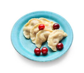 Plate with tasty cherry dumplings on white background