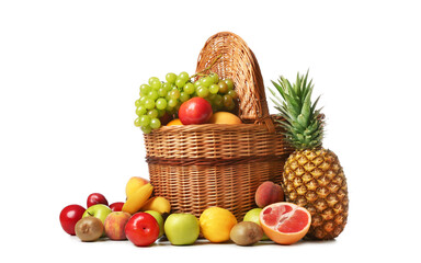 Basket with fresh fruits on white background