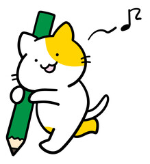 鉛筆を持って走るねこのイラスト