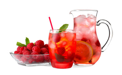 Glass and jug with tasty raspberry lemonade on white background
