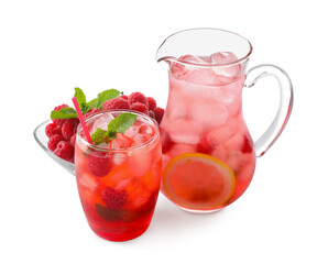 Glass and jug with tasty raspberry lemonade on white background