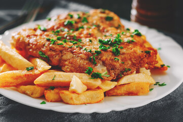 Fish and Chips. Fried fish fillet and potatoes in a white plate on table