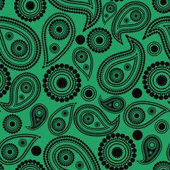 Black paisley drawing on a green background. Seamless pattern for textiles, fabrics, wallpapers, wrapping paper and more for your smart designs.