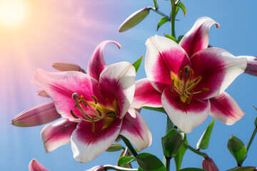 Blooming lily flower with more on one stem. Lily inflorescence on sunshine  background. 