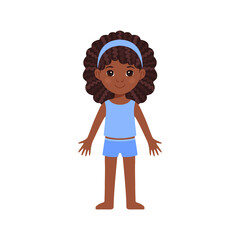 Cute Little Girl with Afro Curls Hairstyle. Front view. A Black Child in Pajamas is Standing. A Kid with Dark Skin and Blue Clothes. Flat Cartoon style. White background. Vector stock illustration.
