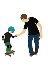 ヘルメットやプロテクターを着けてスケートボードの練習をする子供と、手を繋いで一緒にサポートする男性のイラスト　夏バージョン