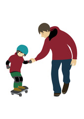 ヘルメットやプロテクターを着けてスケートボードの練習をする子供と、手を繋いで一緒にサポートする男性のイラスト　冬バージョン
