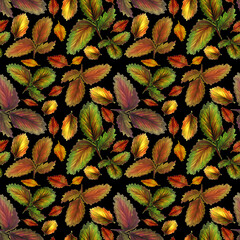 Seamless pattern of bright autumn leaves on a black background. Watercolor background with golden and red autumn leaves