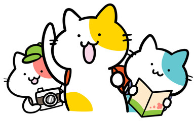 みんなで旅行に出かけるねこたちのイラスト
