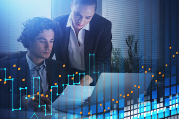 Businesswoman and businessman in formal suits working together. Office background. overlay of digital forex financial charts