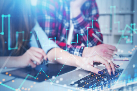 Businesswoman and businessman in formal suits working together. Office background. overlay of digital bar charts