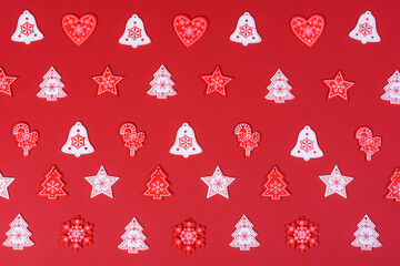 Christmas composition. Red and white decor elements that are used to decorate the Christmas tree