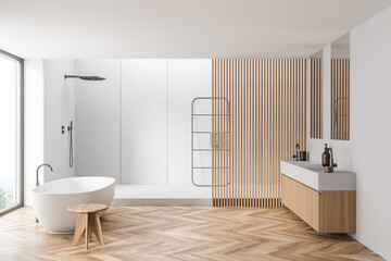 Fototapeta na wymiar White bathroom with wood wall panels