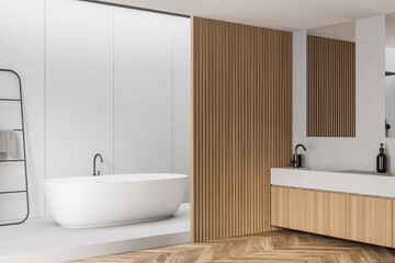 Corner of bathroom space with wood details and white walls