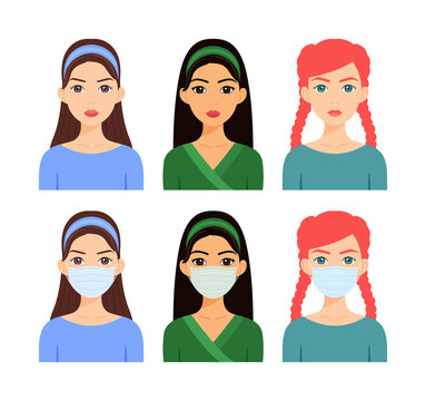 Beautiful Women Wear Medical Masks on their Faces. American, Italian, Brazilian, Turkish, Spanish, Red-haired Young Girls Without a Surgical Mask. Fashionable Avatar. Flat Cartoon Style. Vector Image
