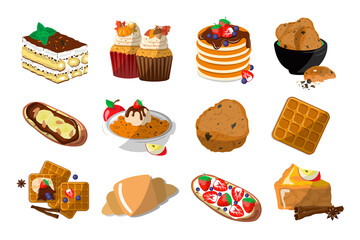 Desserts, sweet pastries set. Tiramisu, croissants, pancake, muffin, waffle, oatmeal cookies, bruschetta, apple pie, crumble on a white background