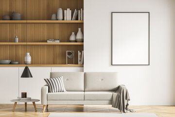 Framed banner in the beige living room with sofa and pendant light