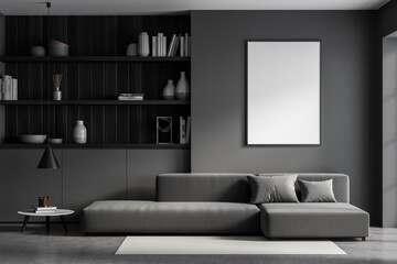 Banner in the dark grey living room with couch and bookshelf