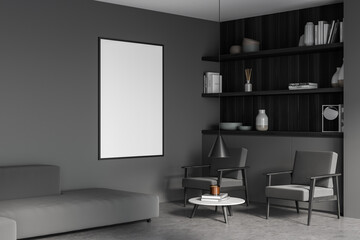 Living room poster, sofa and wooden bookshelf. Corner view of grey interior