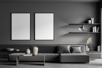 Two banners in the minimalist living room with sofa and modern shelves