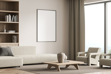 Poster in the beige living room corner with couch and niche bookshelf