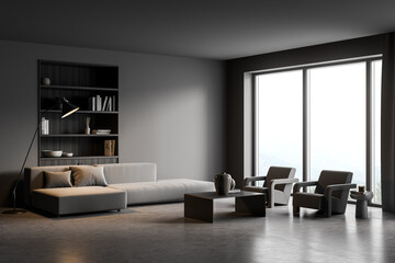 Fototapeta na wymiar Dark grey living room with panoramic view and niche bookshelf