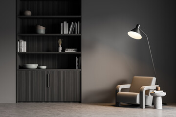 Waiting room wall with armchair and thin lamp, dark grey