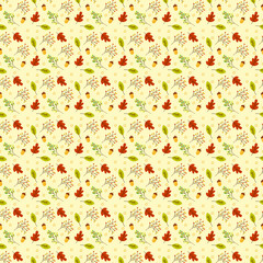 Modern seamless pattern with leaves, flowers, acorns and rowan branch. Autumn pattern design. Good for printing. Vector wallpaper.