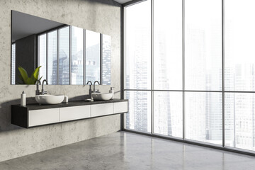 3d grey stone panoramic bathroom space with two sinks. Corner view