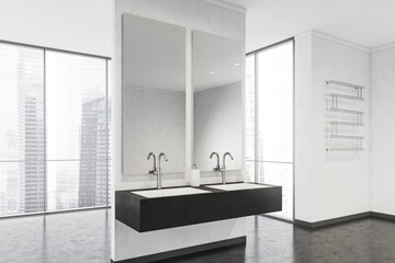 Naklejka na ściany i meble Partition with double sink, towel rack in the panoramic bathroom space