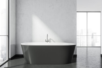 Naklejka na ściany i meble Panoramic bathroom with black ceramic bathtub and white wall