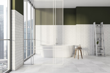 White bathroom with brick walls, glass sliding door and olive detail